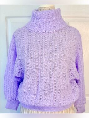 Vintage 80s ILGWU Lavender Open Knit Turtle Neck Sweater Medium